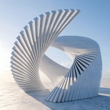 Twisted white concrete spiral sculpture.