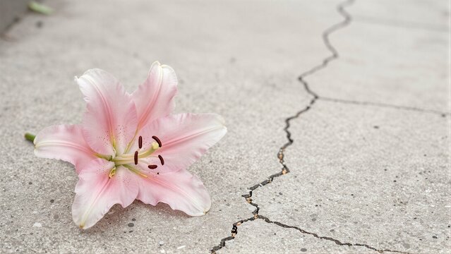 Pink lily lies beside cracked pavement, symbolizing fragility and resilience.