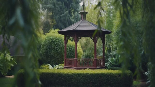 Green willow branches sway before a peaceful garden gazebo