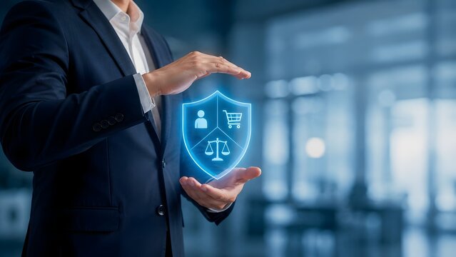 Corporate compliance strategy concept with businessman holding glowing digital shield representing consumer protection and legal responsibility