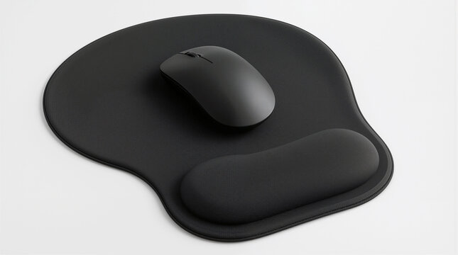 Black Ergonomic Mouse Pad with Gel Wrist Rest Support and Sleek Wireless Computer Mouse on White Background