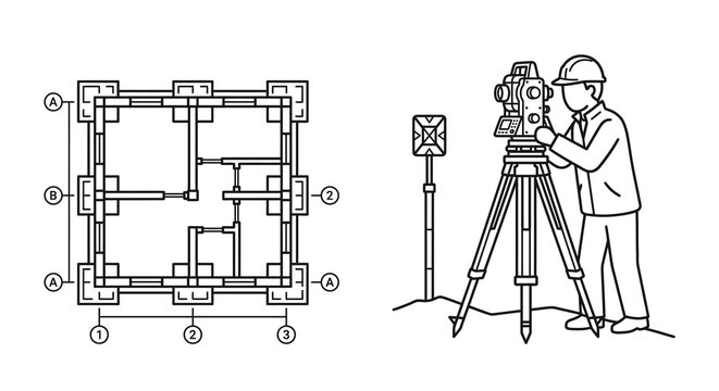 Land Surveyor with Total Station and Architectural Floor Plan Technical Drawing Vector Illustration