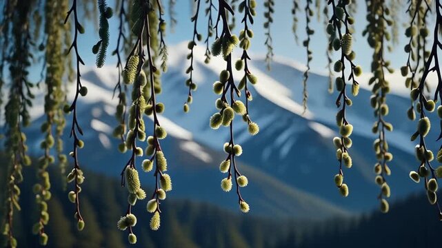 Green willow branches sway before distant snow capped mountains