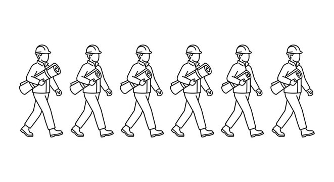 Group of Architects and Engineers Carrying Blueprints Line Art Illustration