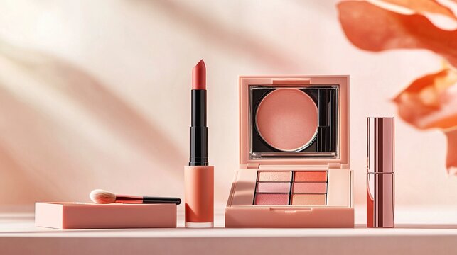 A collection of makeup products arranged aesthetically.