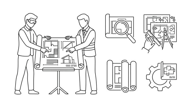 Architect and Engineer Collaboration Set with House Blueprints and Construction Planning Icons