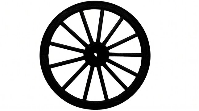 Black silhouette of a vintage wooden wagon wheel with multiple spokes