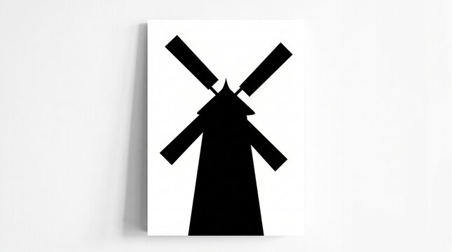 Black silhouette of a traditional windmill building with wind turbine