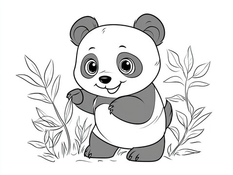 A cute cartoon panda standing among plants, designed for coloring.
