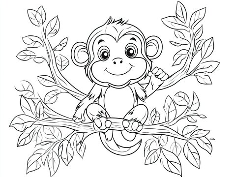 A cute cartoon monkey sitting on branches, ready for coloring.
