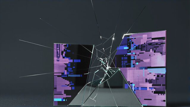 Shattered glass reflects vibrant digital patterns against a dark background.