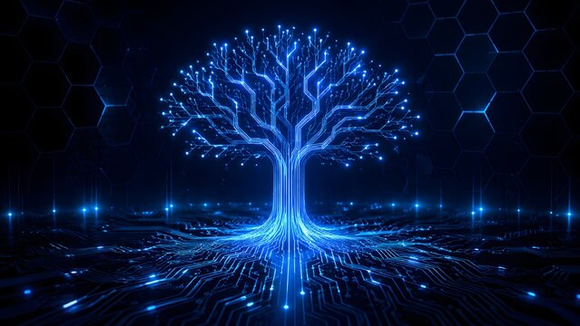Digital circuit tree concept with glowing blue nodes representing network connectivity data growth and technology infrastructure