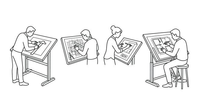 Architects and Engineers Drafting Technical Blueprints Line Art Set