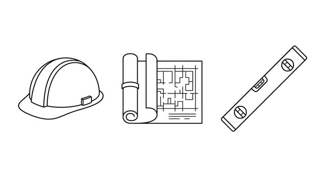 Construction and Architecture Line Art Icons: Hard Hat, Blueprint, and Spirit Level