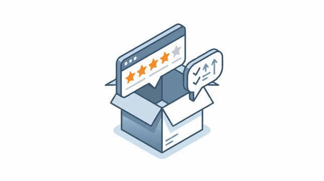 Isometric illustration of an open box with rating stars and checklist feedback.