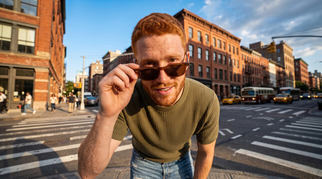 Confident young man with red hair adjusting sunglasses on urban street crosswalk during sunset