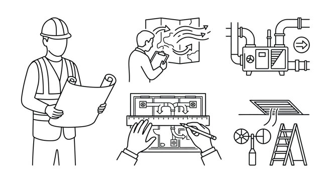 HVAC Engineering Design and Ventilation Installation Line Art Illustration Set
