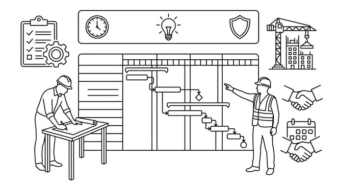 Construction Project Management Infographic with Gantt Chart and Engineers Line Art Illustration