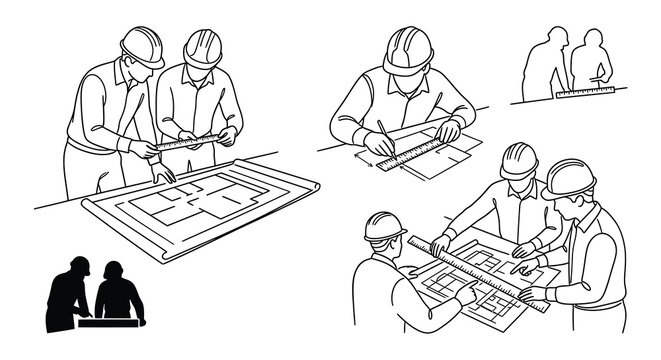 Architects and engineers reviewing construction blueprints line art