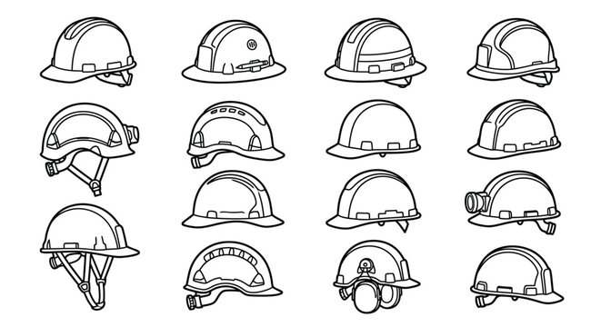 Construction Hard Hat and Safety Helmet Line Art Icon Set