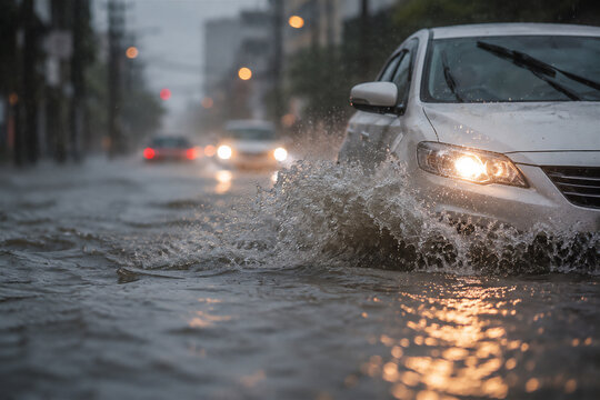 ゲリラ雷雨で冠水した道路を走る乗用車