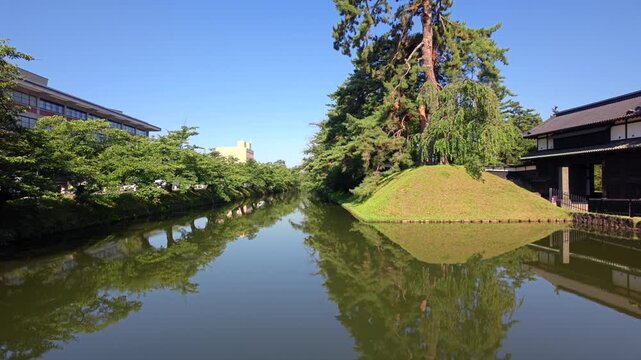 緑に覆われた堀の風景。