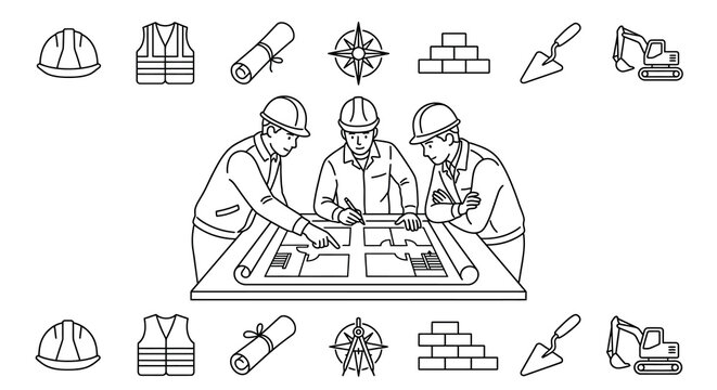 Construction Engineering Team Planning with Blueprint Icons Vector Illustration