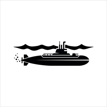 Submarine underwater in the ocean black and white illustration.