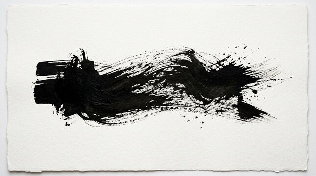 Abstract Black Ink Brush Stroke on White Paper - Expressive Art