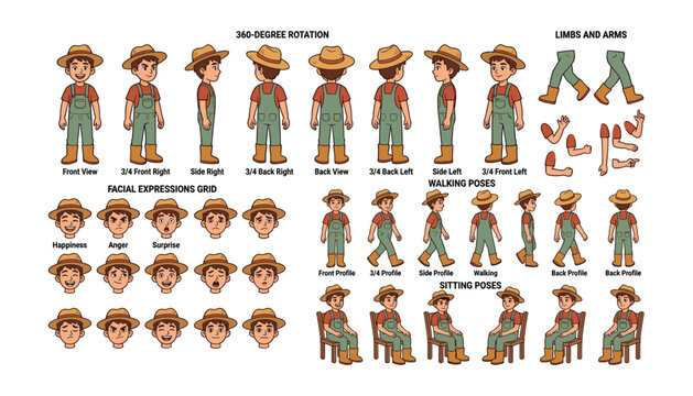 Farmer boy character construction kit with turnaround poses facial expressions gestures and sitting animation sheet