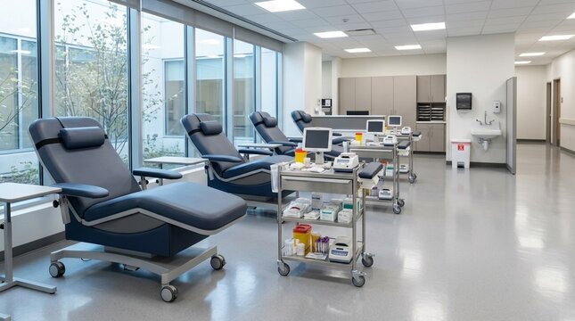 Modern Blood Donation Center with Reclining Chairs and Medical Equipment