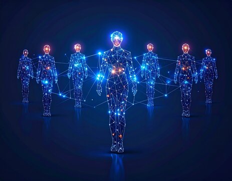 3D visualization of a business team as interconnected human figures made of glowing nodes, representing networking and partnership, dark background with blue connections.
