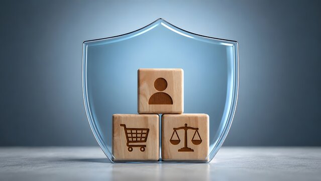 Wooden blocks displaying customer profile shopping cart and justice scale icons inside glass shield representing consumer protection law and retail security