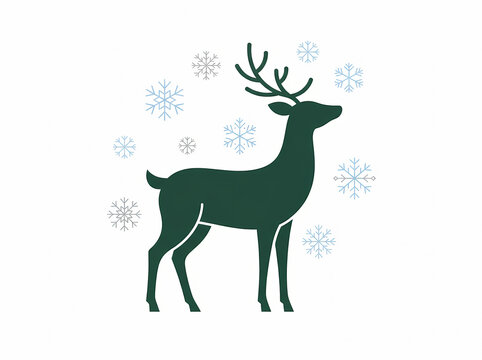 Dark green reindeer standing amidst decorative blue and silver snowflakes, a clean vector illustration perfect for festive winter season branding on a pure white backdrop.