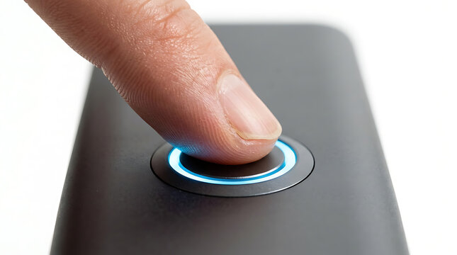 Finger pressing illuminated blue button on black device for authentication or activation, close up shot
