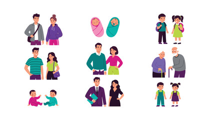 Fototapeta premium Human aging cycle and stage of life vector character collection showing generation from newborn baby to grandparents
