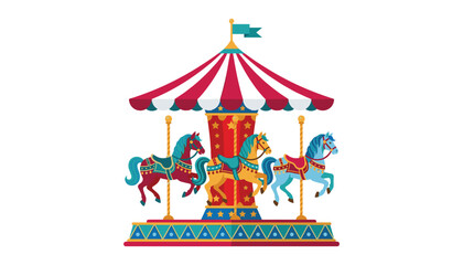 Vintage carousel amusement park ride with colorful horses and striped canopy tent vector illustration isolated on white background © NUR ALOM