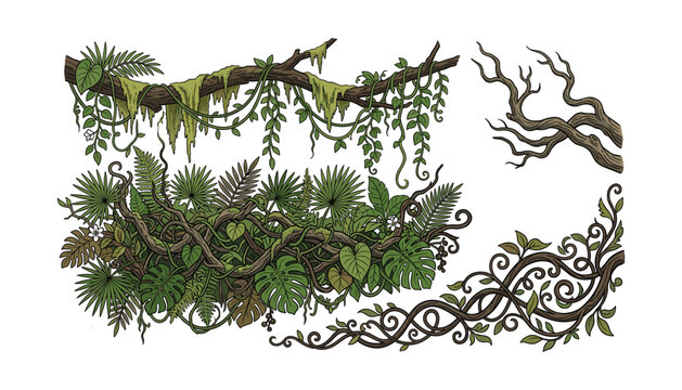 Tropical jungle vines hanging rain forest lianas tree branches and exotic monstera fern foliage vector cartoon illustration set (18 words)