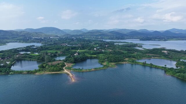 Aerial View of Huiting Reservoir and Distant Mountains, Jingshan, Hubei, China