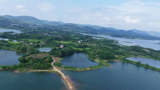 Aerial View of Huiting Reservoir and Distant Mountains, Jingshan, Hubei, China