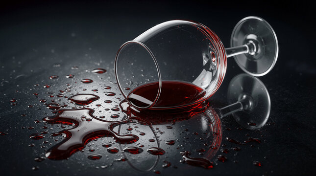 Overturned Wine Glass with Spilled Red Wine and Droplets on Dark Glossy Surface