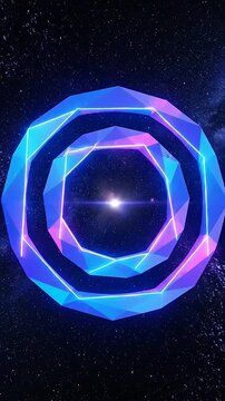 Colorful geometric shapes emerge and rotate in a vast cosmos filled with stars