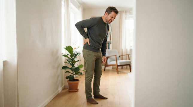 Adult man holding lower back in bright home interior, everyday lumbar discomfort, muscle strain, posture awareness, physical wellbeing and home lifestyle concept