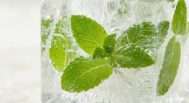 Fresh Mint Leaves Frozen in Ice Cube