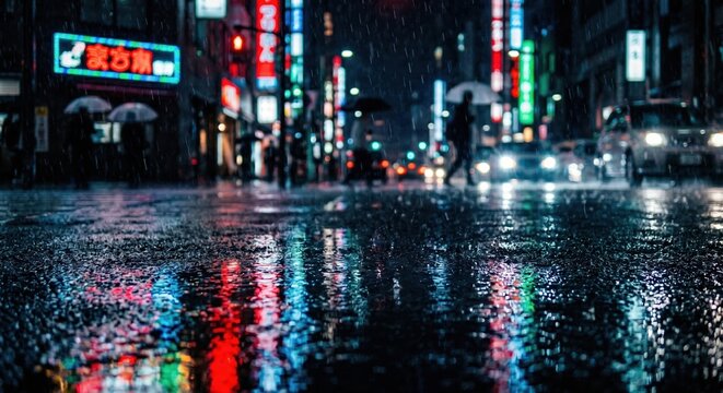 Rainy Night Street with Neon Lights Reflection