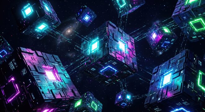 Futuristic Cyberpunk Data Cubes in Space