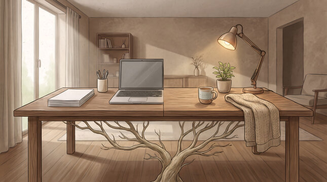Clean conceptual illustration of a desk split into office and home sides with roots connecting underneath representing hybrid work remote balance work from home flexibility and modern professional