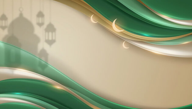 Elegant Green and Gold Islamic Background Featuring Abstract Wavy Layers with Crescent Moons and Mosque Silhouette for Ramadan Kareem and Eid Mubarak Celebrations, 3D Render Design.