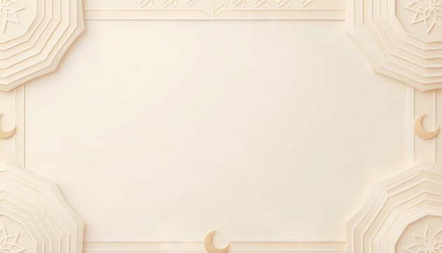 Elegant 3D Islamic background frame with geometric patterns and crescent moons, ideal for Ramadan Kareem or Eid Mubarak greeting cards in a soft cream paper cut relief style.