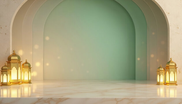 Minimalist Ramadan background featuring golden lanterns on marble podium under green arches with warm glowing light for Eid celebration elegant 3D render.